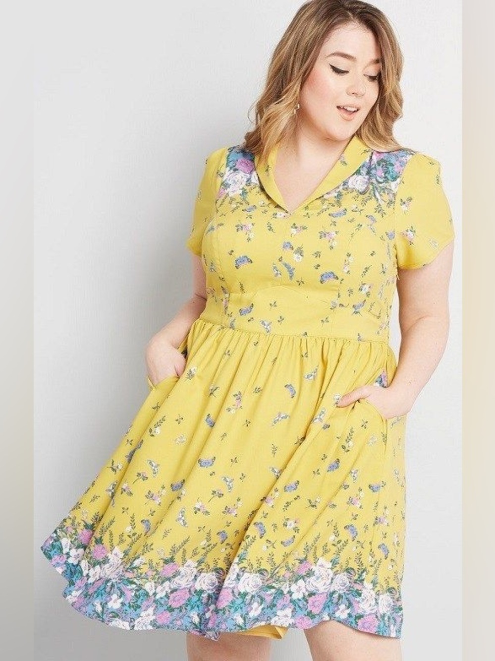 ModCloth Yellow Floral Botanical Lively Identity Short-Sleeve A-Line Dress